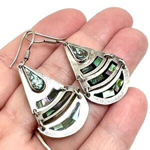 Sterling Silver and Abalone Teardrop Dangle Earrings Vintage Taxco Shell